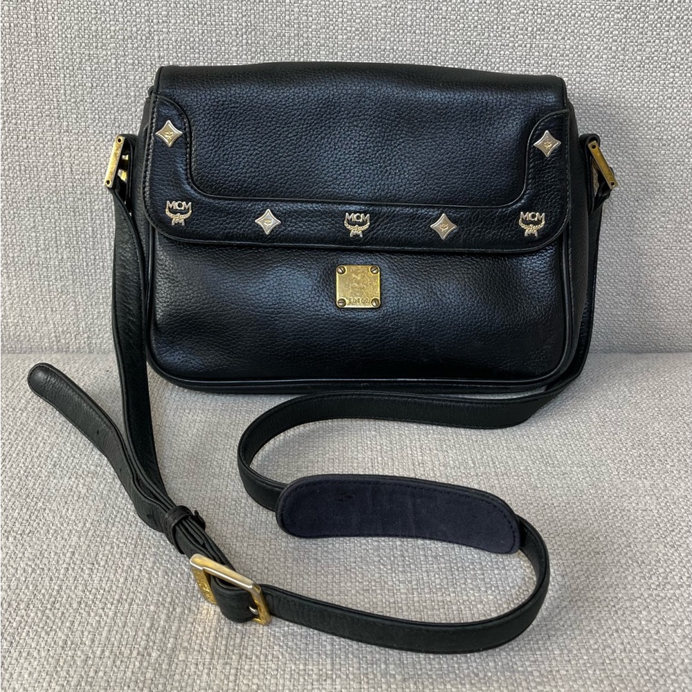 Vintage MCM Leather Crossbody Messenger Shoulder Sling Bag Purse Black Studded